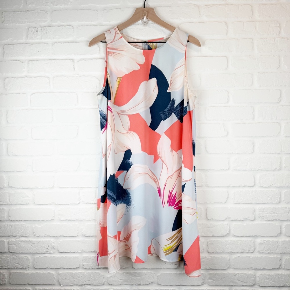 Halogen Floral White blue coral floral shift dress petite sleeveless Large